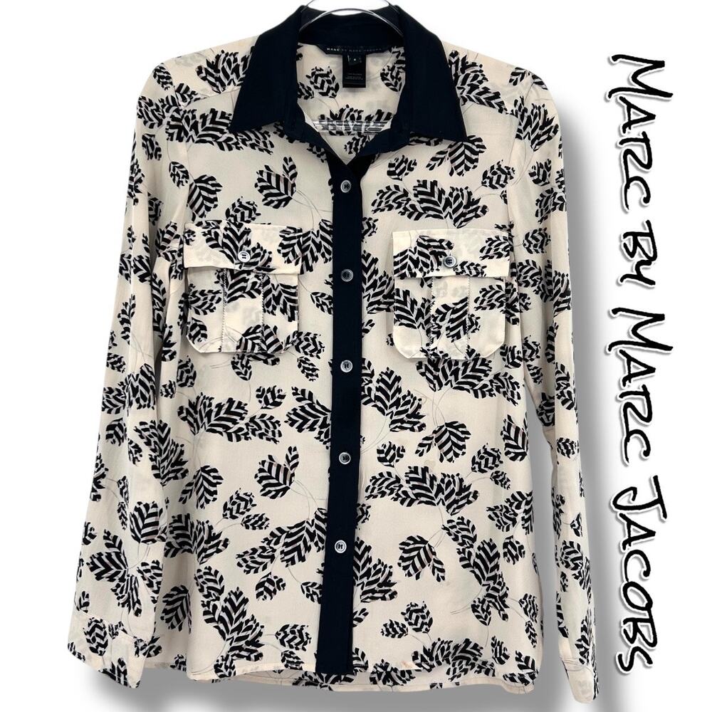 Marc by Marc Jacobs Silk Leaf Print Blouse Contrast Collar Pockets Womens Sz 4